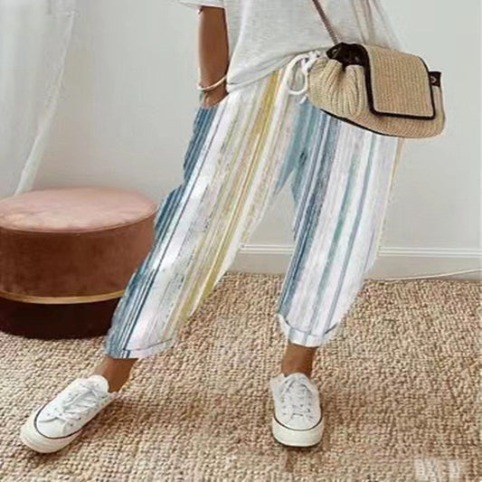 Pantalon femme rayé décontracté coton confortable - PanierRoyale