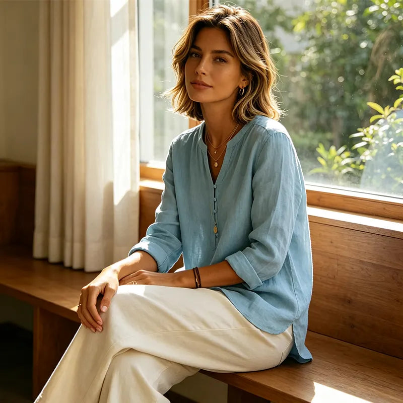 Chemise Femme Coton Col V Manches Retroussables Coupe Ample
