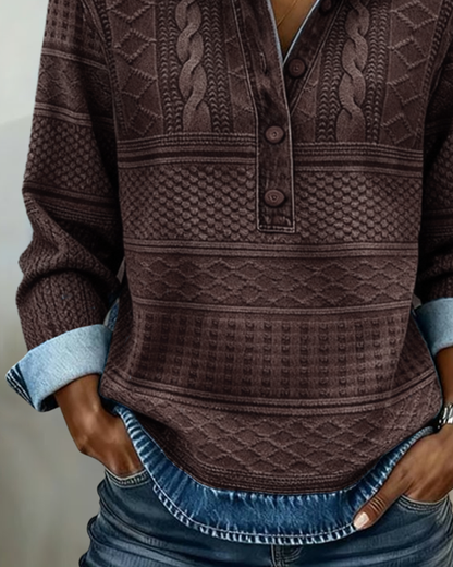 Haut Femme Maille Effet Denim Col Polo Coupe Décontractée