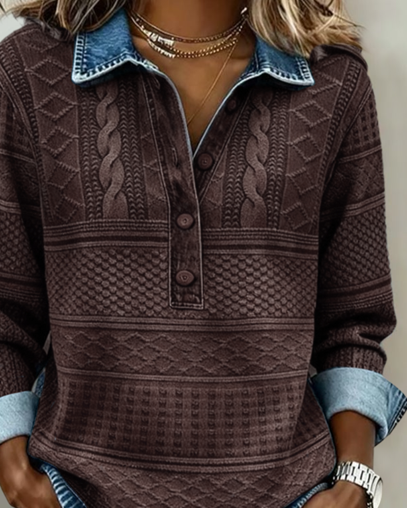 Haut Femme Maille Effet Denim Col Polo Coupe Décontractée