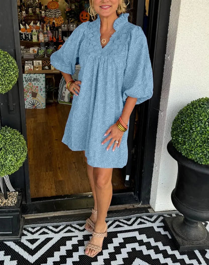 Robe Courte Femme Jacquard Col V Manches Bouffantes