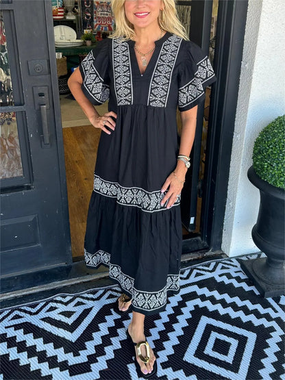 Robe Longue Femme Coupe Fluide Col en V Style Bohème