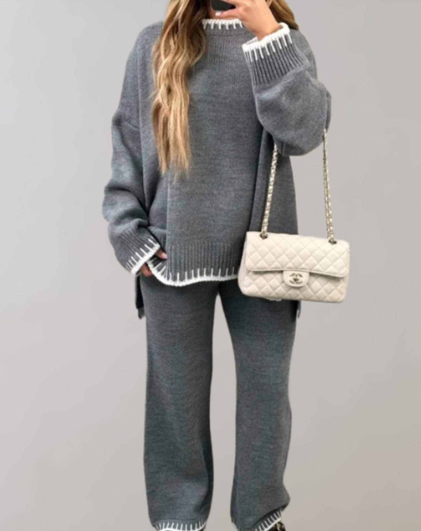 Robe Cachemire Femme Gris Clair avec Sac à Main Blanc Brodé - PanierRoyale