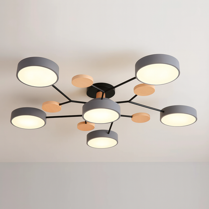 Lampe LED Noire et Bois avec 6 Spots Élégante