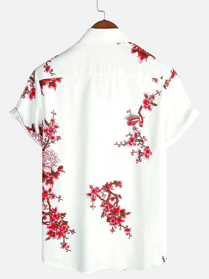 Chemise Homme Courte Manche Blanche Fleurs Été
