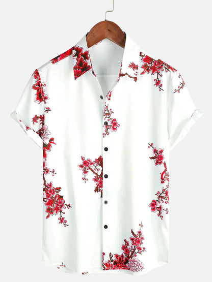 Chemise Homme Courte Manche Blanche Fleurs Été