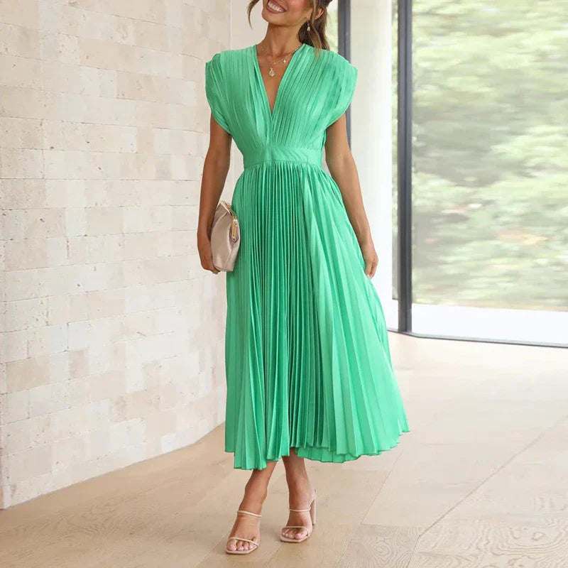 Robe Plissée Élégante avec Col en V pour Femme - PanierRoyale