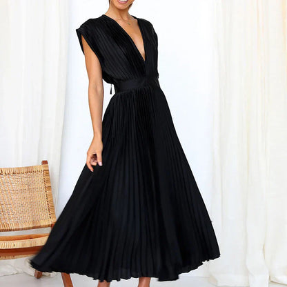 Robe Plissée Élégante avec Col en V pour Femme