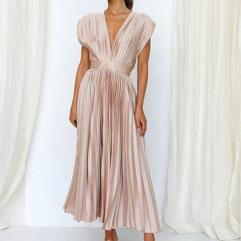 Robe Plissée Élégante avec Col en V pour Femme
