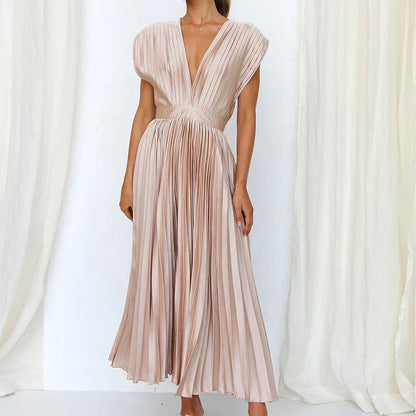 Robe Plissée Élégante avec Col en V pour Femme
