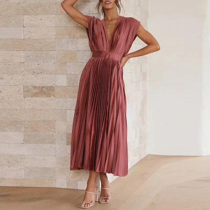 Robe Plissée Élégante avec Col en V pour Femme