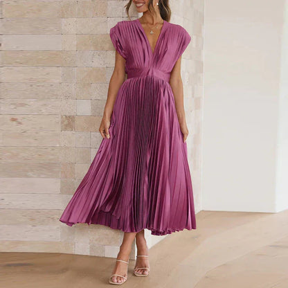 Robe Plissée Élégante avec Col en V pour Femme