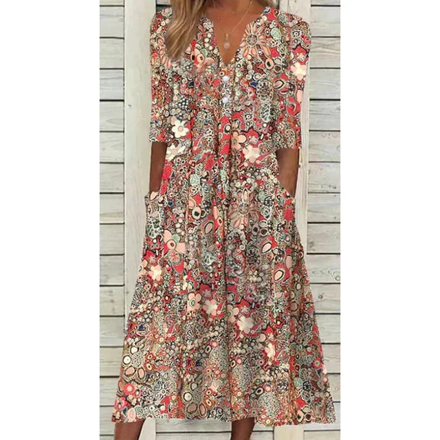 Robe Été Fleurs Manches Courtes avec Poches