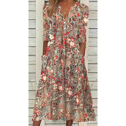 Robe Été Fleurs Manches Courtes avec Poches