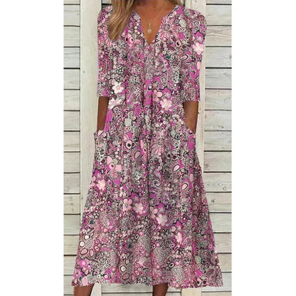 Robe Été Fleurs Manches Courtes avec Poches