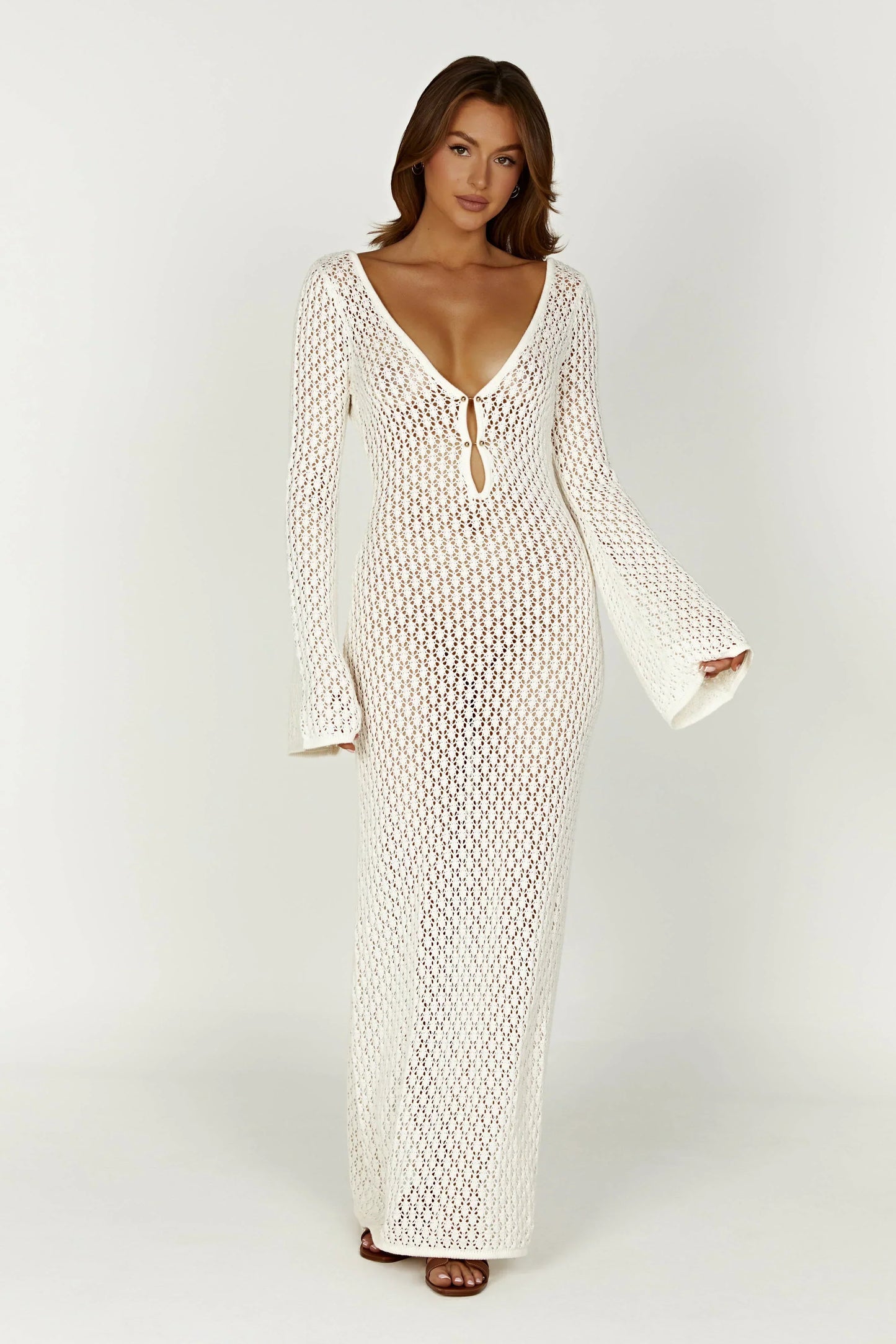 Robe Longue Femme Maille Fluide Col en V Ajustée - PanierRoyale