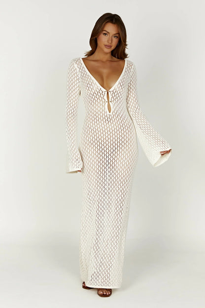 Robe Longue Femme Maille Fluide Col en V Ajustée - PanierRoyale