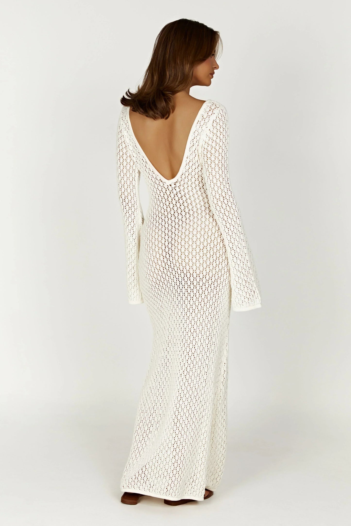 Robe Longue Femme Maille Fluide Col en V Ajustée