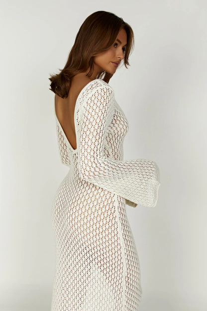 Robe Longue Femme Maille Fluide Col en V Ajustée