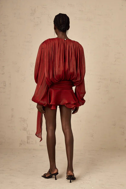 Robe Femme Plissée Manches Longues Col Boutonné