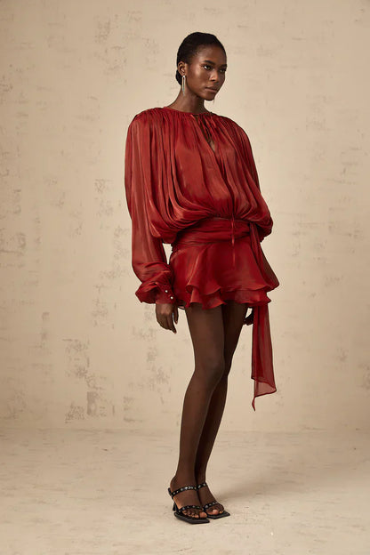 Robe Femme Plissée Manches Longues Col Boutonné