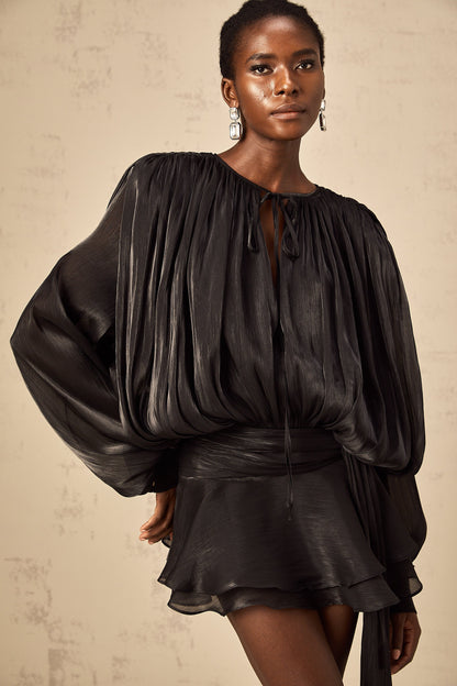 Robe Femme Plissée Manches Longues Col Boutonné