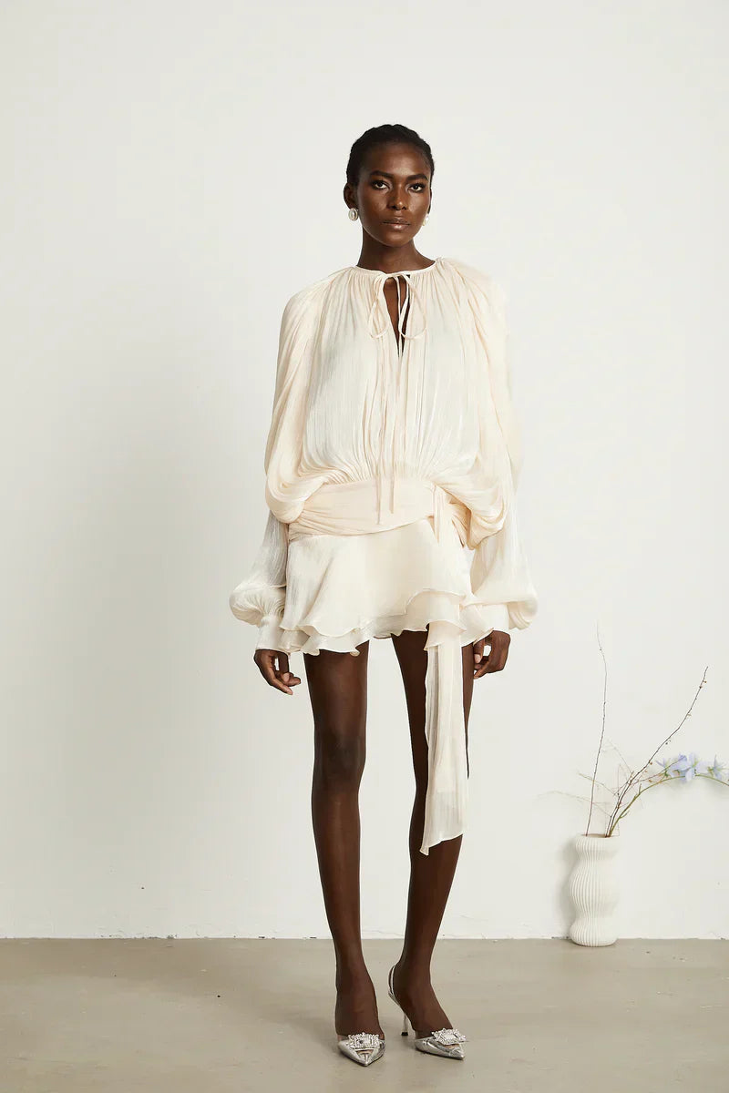 Robe Femme Plissée Manches Longues Col Boutonné
