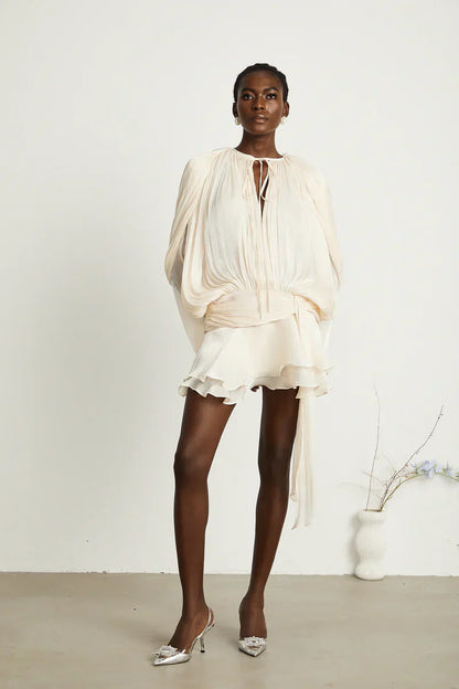 Robe Femme Plissée Manches Longues Col Boutonné
