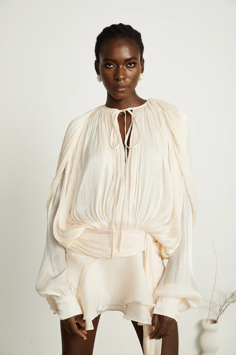 Robe Femme Plissée Manches Longues Col Boutonné