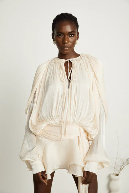 Robe Femme Plissée Manches Longues Col Boutonné