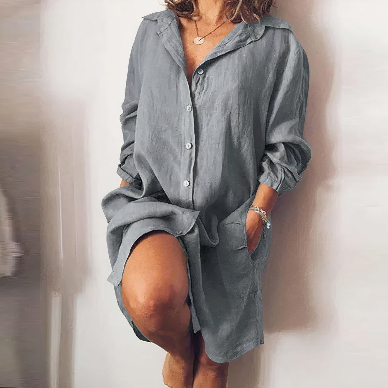 Robe Chemisier Élégante Manches Longues Boutons Authentiques