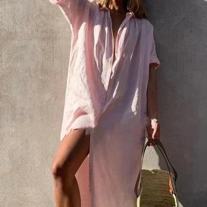 Robe Chemisier Élégante Col V en Dentelle Rose