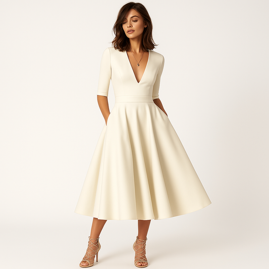 Robe Femme Élégante Mi-Longue - Robe Cérémonie Beige Décolleté Profond - PanierRoyale