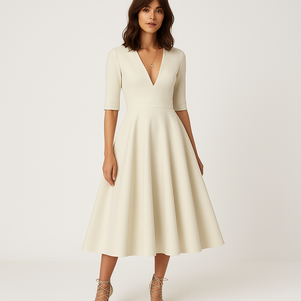 Robe Femme Élégante Mi-Longue - Robe Cérémonie Beige Décolleté Profond