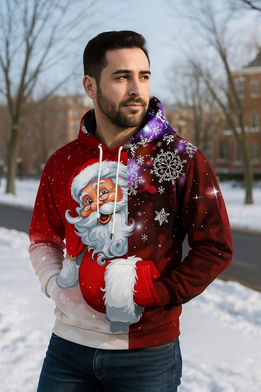 Pull d'Hiver Homme – Sweat à Capuche avec Manches Longues et Imprimé Hiver