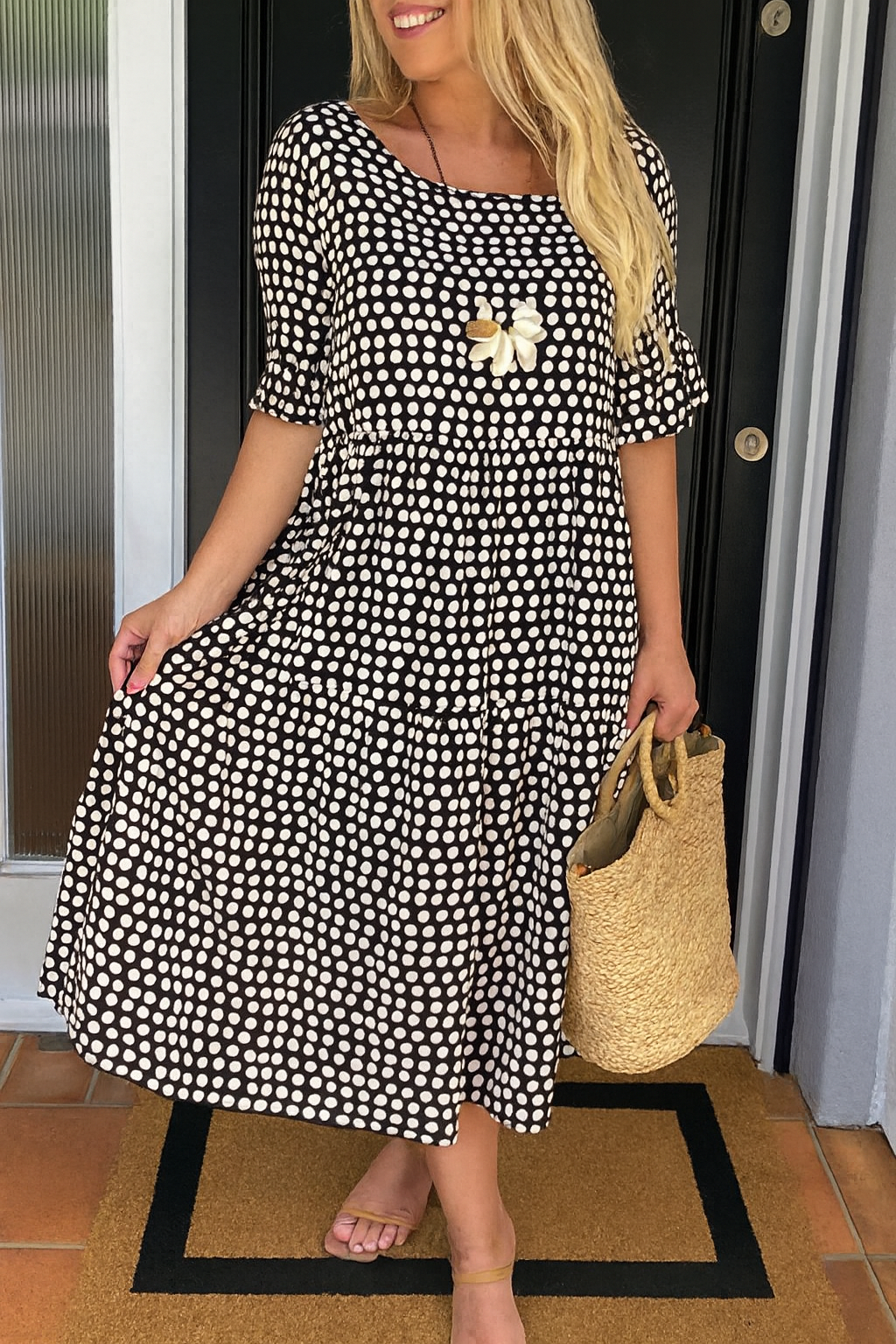 Robe Midi Femme Fluide Pois Manches Courtes Volants