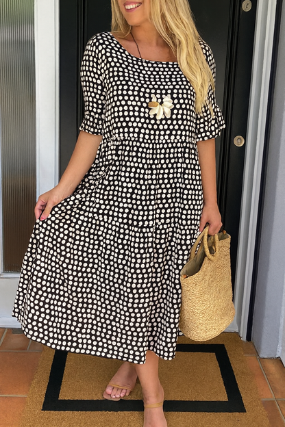Robe Midi Femme Fluide Pois Manches Courtes Volants