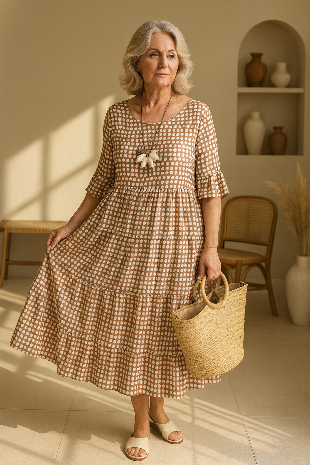 Robe Midi Femme Fluide Pois Manches Courtes Volants - PanierRoyale