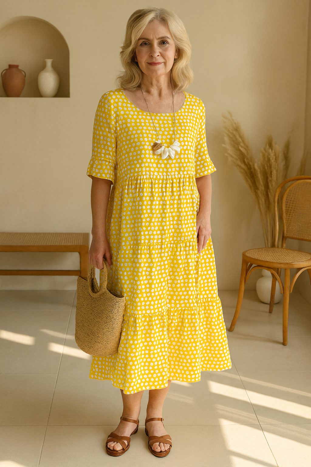 Robe Midi Femme Fluide Pois Manches Courtes Volants