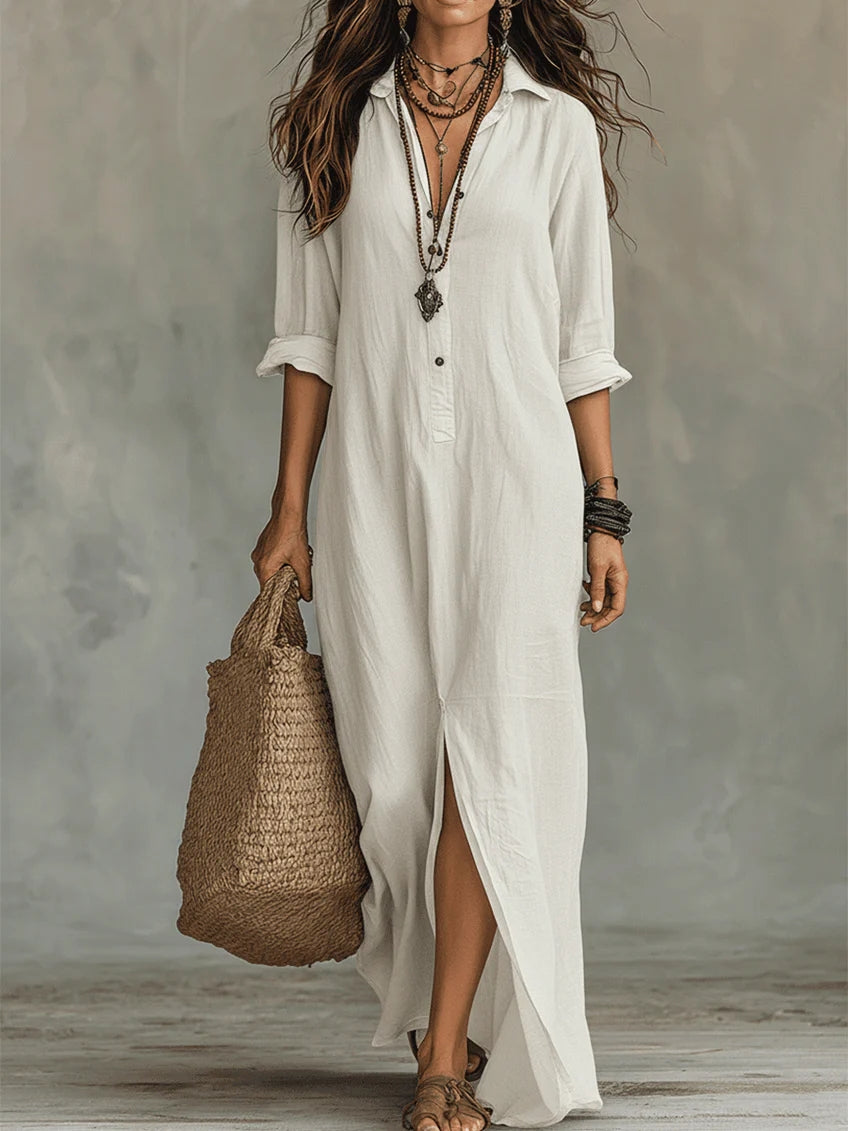 Robe Longue Femme Fluide Boutonnée Col Chemise