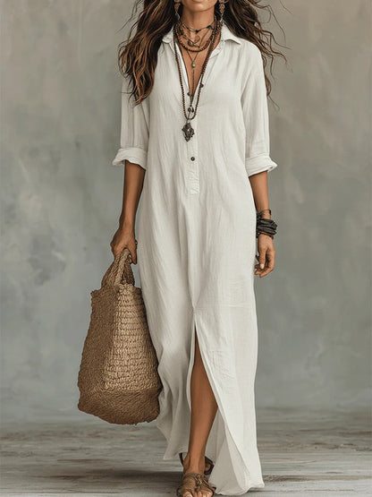 Robe Longue Femme Fluide Boutonnée Col Chemise