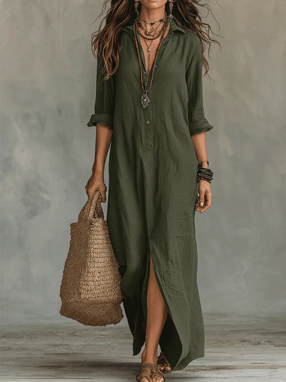 Robe Longue Femme Fluide Boutonnée Col Chemise