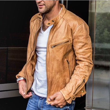 Blouson Cuir Brun Homme Zippé Éclair Classic - PanierRoyale