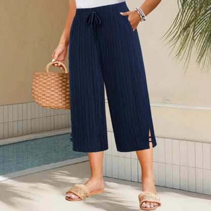 Pantalon Femme Coton Lin Taille Élastique Coupe Large Décontractée