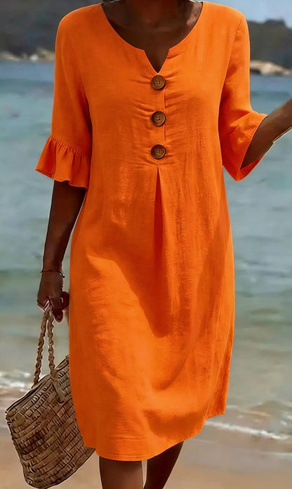 Robe Femme Coton Lin Boutonnée Manches Volantées Estivale