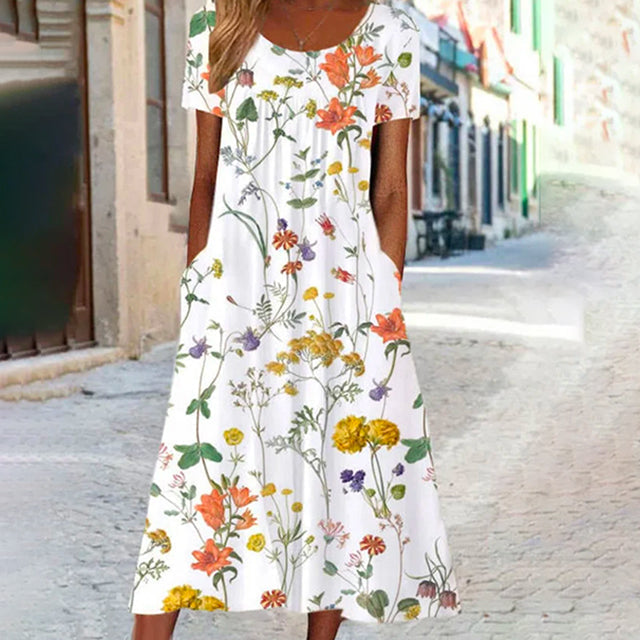 Robe Été Fleuri Femme Col Rond Manches Courtes - PanierRoyale
