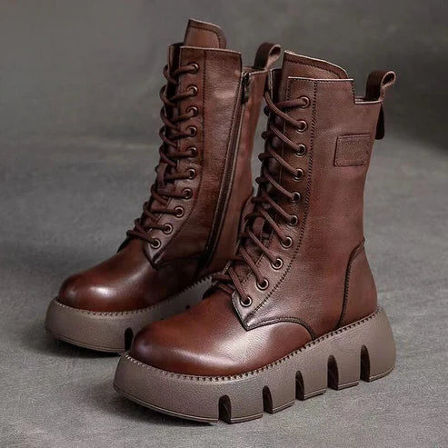 Bottes Cuir Femmes Marron à Lacets Épais - PanierRoyale