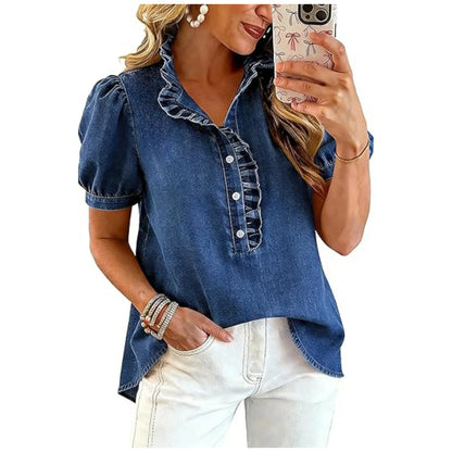Haut Femme Denim Col Volanté Manches Bouffantes