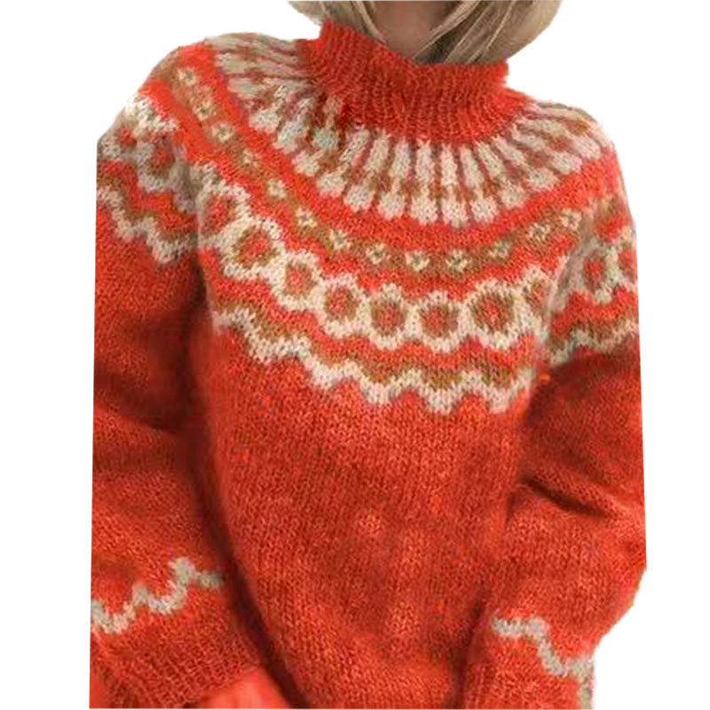 Pull Femme Col Montant Imprimé Fleur Hiver Chic