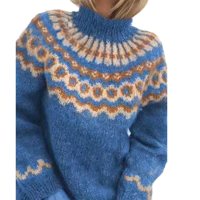 Pull Femme Col Montant Imprimé Fleur Hiver Chic